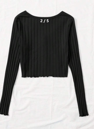SHEIN  U-Neck Long Sleeves Button Front Lettuce Trim Rib-Knit Tee , XL-.