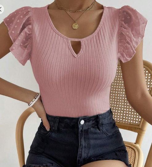 Shein Contrast Mesh Top With High Neck & Slim Fit Blouse, M +