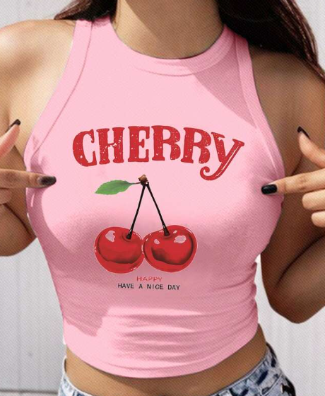 Shein Pink Casual Simple Cherry Graphic Round Neck Tank Top +