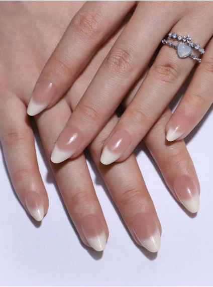 Shein Short Almond Shape French Nail Art Tips With Gradient Nude & Milky White ColorsPress On Nails>