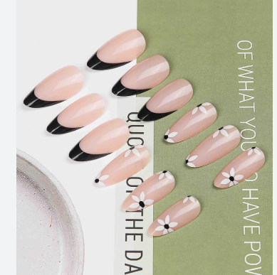 Shein 24pcs Long Almond Fake Nail, Cute France Flower Design -.