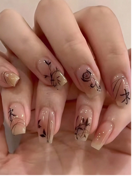 Shein 30pcs Elegant Ink Painting Style Bamboo Leaves & Rose Design False Nails>