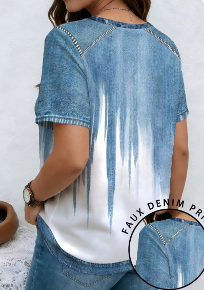 Shein Patchwork Gradient V-Neck Short Sleeve Casual Plus Size T-Shirt, 0XL