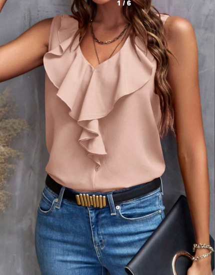 Shein Solid Color Ruffle Trimmed Sleeveless Blouse With Decorative Border, L +