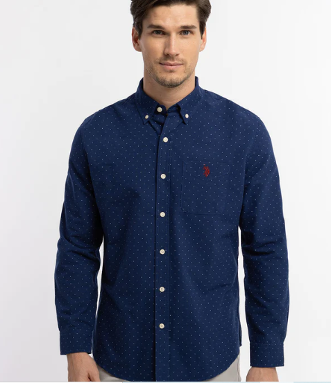U.S. Polo Dot Print Long Sleeve Oxford Shirt, S +