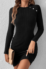SHEIN Frenchy Solid Color Ribbed Fitted Elegant Long Sleeve Dress, L-.