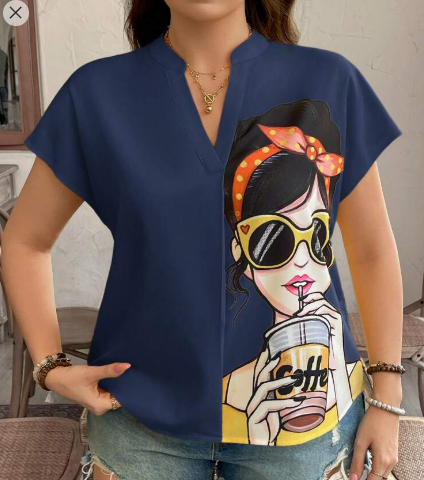 Shein Plus Size Women Figure Graphic Short Sleeve Blouse, 1XL +