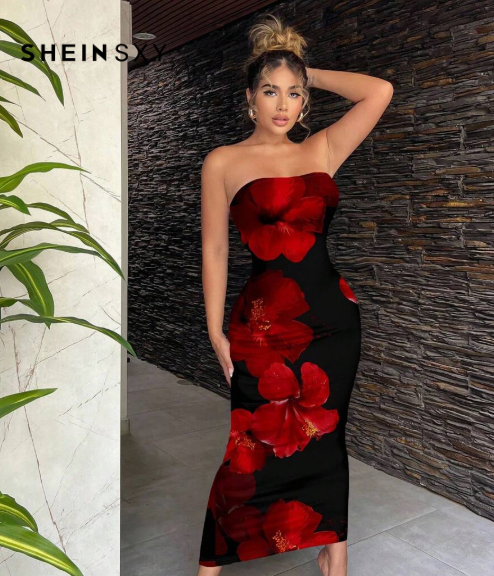 Shein Sexy Red & Black Clash Color Tropical Floral Print Maxi Dress, L +