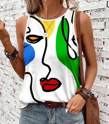 Shein Colorful Random Printed Round Neck Sleeveless Tank Top +