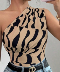 Shein Women Top With Sexy Asymmetrical Neck, Geometric Print, M +