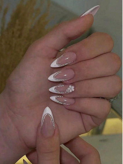 Shein 3D White & Pink Floral Design, Medium Almond Shape Press-On Nails