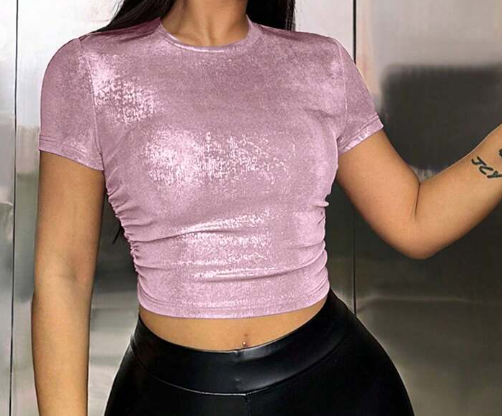 Shein Metallic Texture Solid Color Slim Fit Crop Top T-Shirt, L +