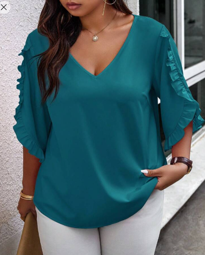 Shein Plus Size Summer Casual Solid Color Ruffle Trim Blouse, XXL +
