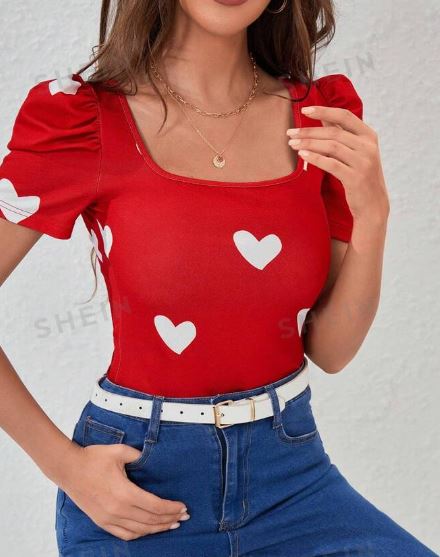 Shein Women Red Top Heart Print Puff Sleeve Tee /