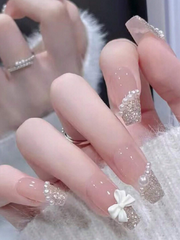 Shein 24pcs/Set Coffin-Shaped Luxury Pearl & Bowknot Design French Style Glitter False Nails>