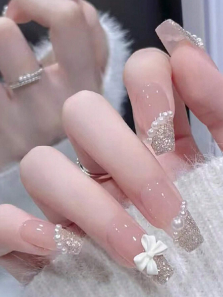 Shein 24pcs/Set Coffin-Shaped Luxury Pearl & Bowknot Design French Style Glitter False Nails>