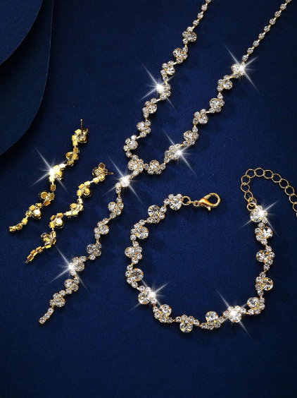 Shein Women's Elegant Crystal Wave Bridal Jewelry Set