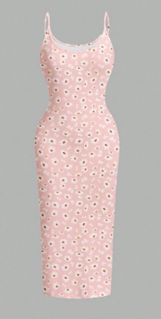 Shein Casual Minimalist Daisy All-Over Print Figure-Hugging Maxi Dress -.