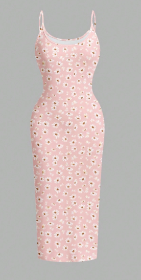 Shein Casual Minimalist Daisy All-Over Print Figure-Hugging Maxi Dress -.