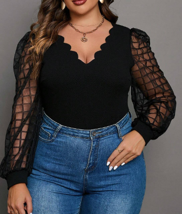 Shein Plus Contrast Mesh Scallop Trim Lantern Sleeve Top, L +