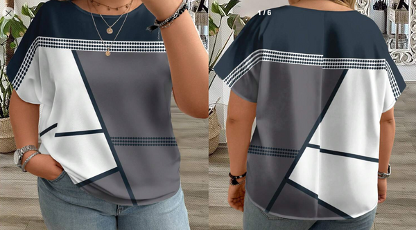 Shein Plus Size Casual Patchwork Pattern Round Neck Short Sleeve Shirt, +