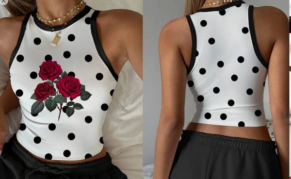 Shein Polka Dot Rose Graphic Round Neck Slim Fit Women Tank Top, M +