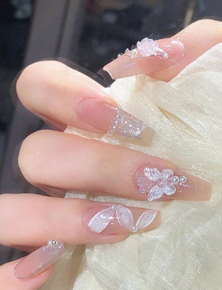 Shein 24pcs Medium Length Ballet Powder, Sheer & Nude Color Pure Nails>