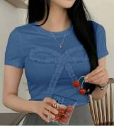 Shein Women's Solid Color Frill Trim Bow Crew Neck Short Sleeve Fitted T-Shirt, L -.