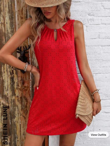 Shein Casual Solid Color Hollow Out Embroidery Sleeveless Dress, XS /