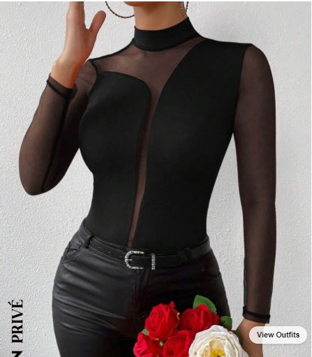 Shein Women's Mesh Splicing Long Sleeve T-Shirt With Stand Collar +