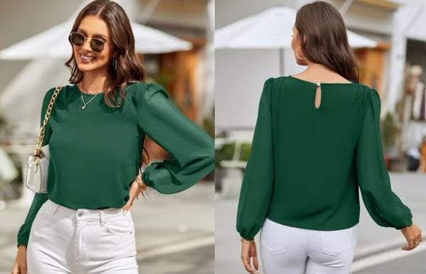Shein Lantern Sleeve Keyhole Back Blouse,Long Sleeve Top, L +