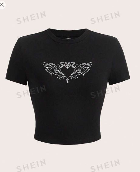 Shein Casual Rhinestone Pattern Round Neck Slim Fit Short Sleeve T-Shirt, S /