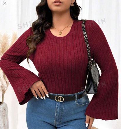 Shein Frenchy Plus Size Ribbed Textured Fabric Round Neck Flare Sleeve Fitted T-Shirt, 0XL /