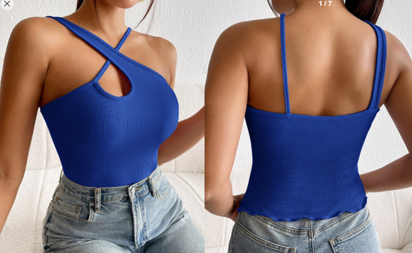 Shein Crisscross Asymmetrical Neck Ribbed Knit Top, M +