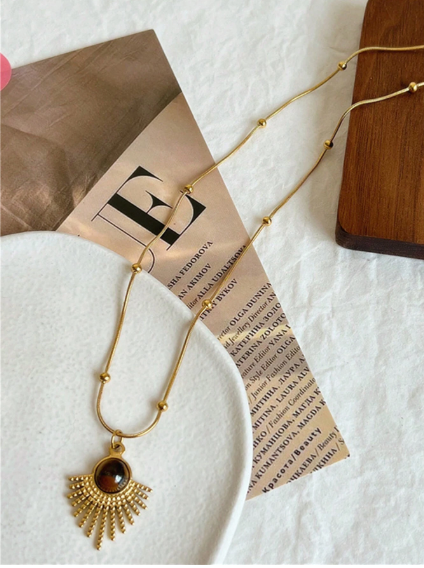 Shein 1pc Vintage Brown Natural Stone Titanium Steel Pendant Necklace (code: A)>