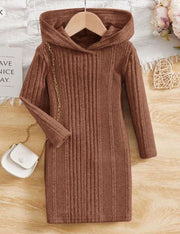 Shein Tween Girl Solid Hooded Long Sleeve Dress, 8T +