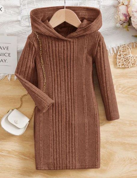Shein Tween Girl Solid Hooded Long Sleeve Dress, 8T +