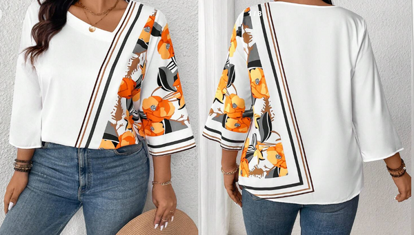 Shein Plus Size Women Elegant Asymmetric Collar Floral Print Shirt, 4XL +