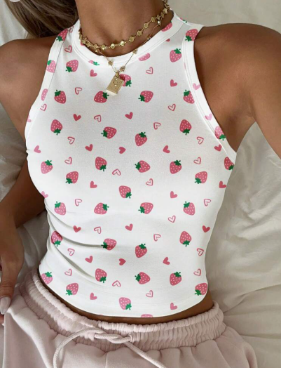Shein Minimalist Strawberry Heart Full Print Round Neck Tight Fit Tank Top +