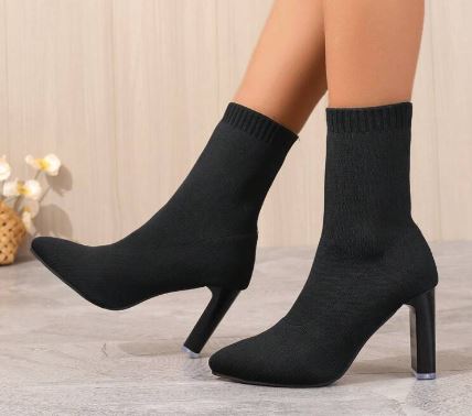 Shein Thick Heel Knitting Elastic Pull On Short Boots, Size: 42 +