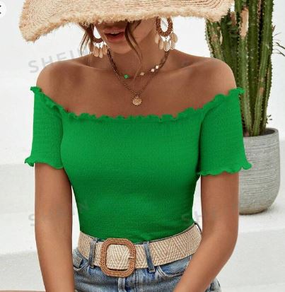 Shein Off Shoulder Lettuce Trim Tee, L /