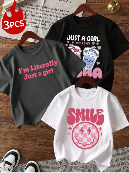 Shein 3pcs/Pack Girls Casual Printed Round Neck Short Sleeve T-Shirts, 9T +