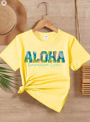 Shein Tween Girl Palm Tree & Letter Printed Casual Short Sleeve T-Shirt, 10T +