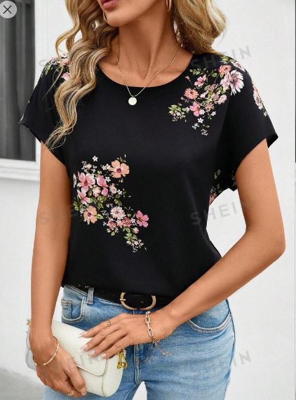 Shein Fashion Solid Color Flower Print Short Sleeve Shirt Black Top, XL /