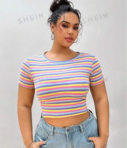 Shein Women's Plus Size Striped Knitted Short Sleeve Round Neck T-Shirt, 1XL /