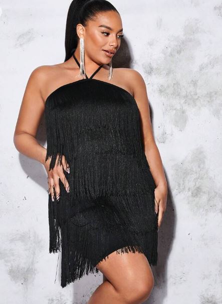 Shein Plus Fringe Trim Tie Backless Halter Neck Dress, 4XL */