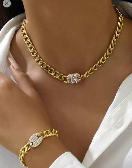 Shein 2pcs/set Simple & Minimalist Crystal Gold Geometric Chain Necklace & Bracelet Set +