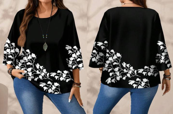 Shein Plus Size Floral All-Over Print Round Neck 3/4 Sleeve Casual Blouse +