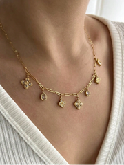 Shein 18K Gold Plated Geometric Clover Teardrop Diamond Heart Pendant Necklace>