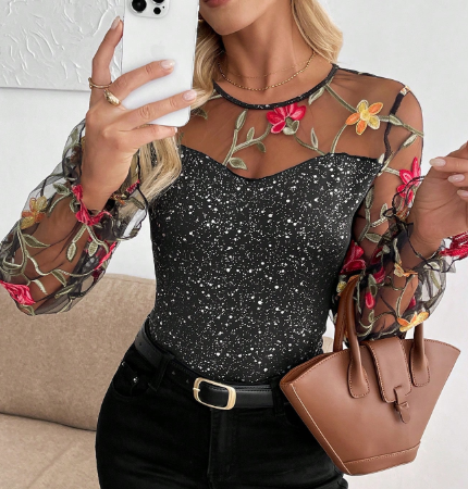 SHEIN Floral Embroidery Mesh Splice Silver Stamping T-Shirt, M>